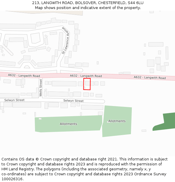 213, LANGWITH ROAD, BOLSOVER, CHESTERFIELD, S44 6LU: Location map and indicative extent of plot
