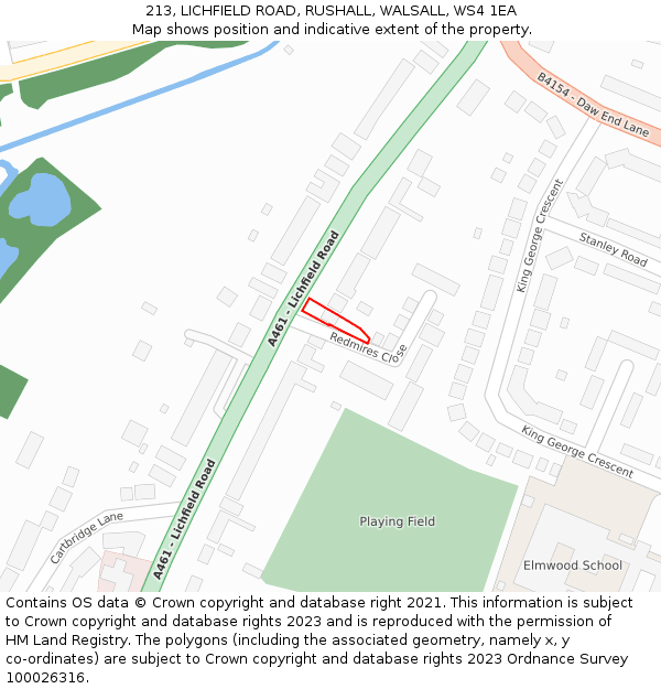 213, LICHFIELD ROAD, RUSHALL, WALSALL, WS4 1EA: Location map and indicative extent of plot