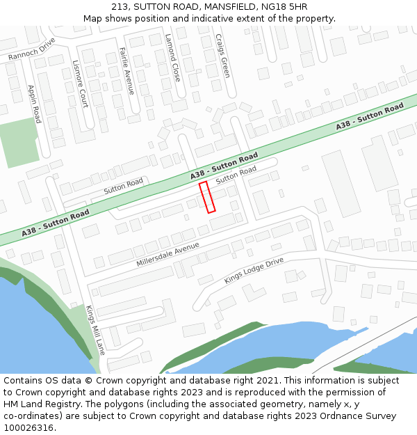213, SUTTON ROAD, MANSFIELD, NG18 5HR: Location map and indicative extent of plot