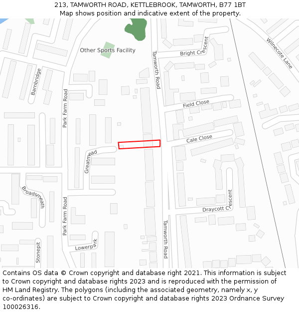 213, TAMWORTH ROAD, KETTLEBROOK, TAMWORTH, B77 1BT: Location map and indicative extent of plot