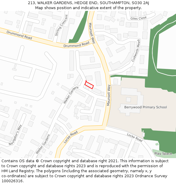 213, WALKER GARDENS, HEDGE END, SOUTHAMPTON, SO30 2AJ: Location map and indicative extent of plot