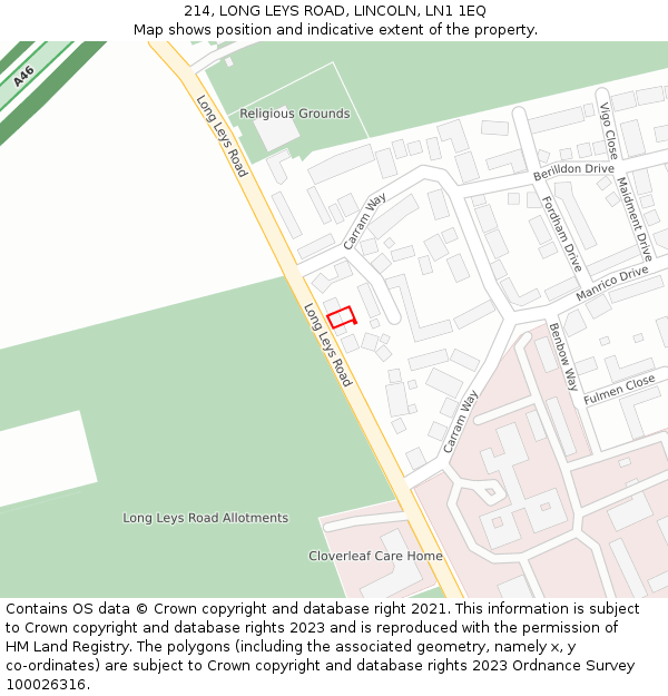 214, LONG LEYS ROAD, LINCOLN, LN1 1EQ: Location map and indicative extent of plot