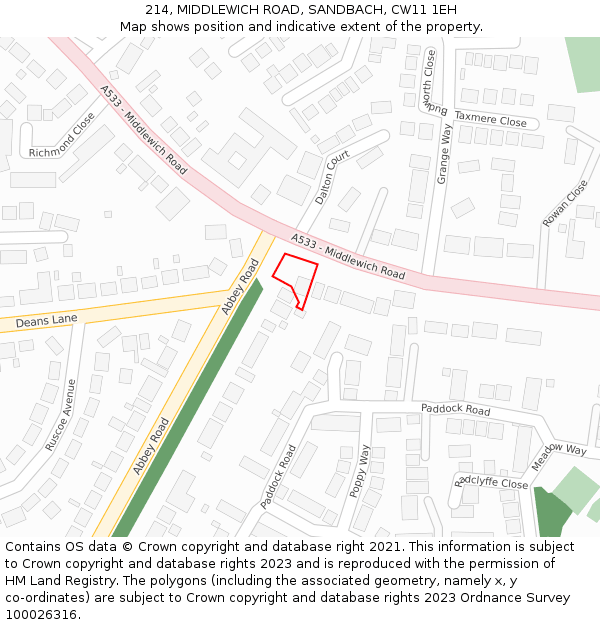 214, MIDDLEWICH ROAD, SANDBACH, CW11 1EH: Location map and indicative extent of plot