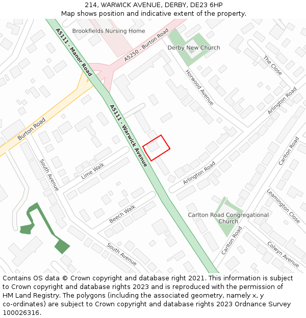214, WARWICK AVENUE, DERBY, DE23 6HP: Location map and indicative extent of plot