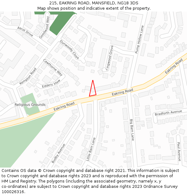 215, EAKRING ROAD, MANSFIELD, NG18 3DS: Location map and indicative extent of plot