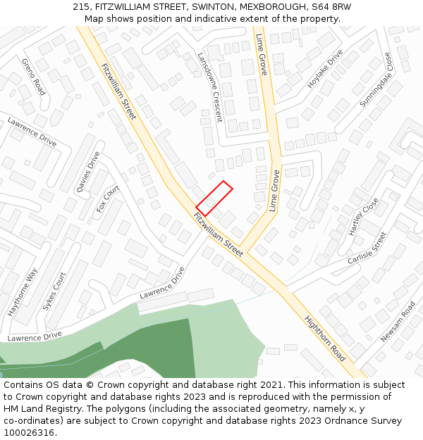 215, FITZWILLIAM STREET, SWINTON, MEXBOROUGH, S64 8RW: Location map and indicative extent of plot