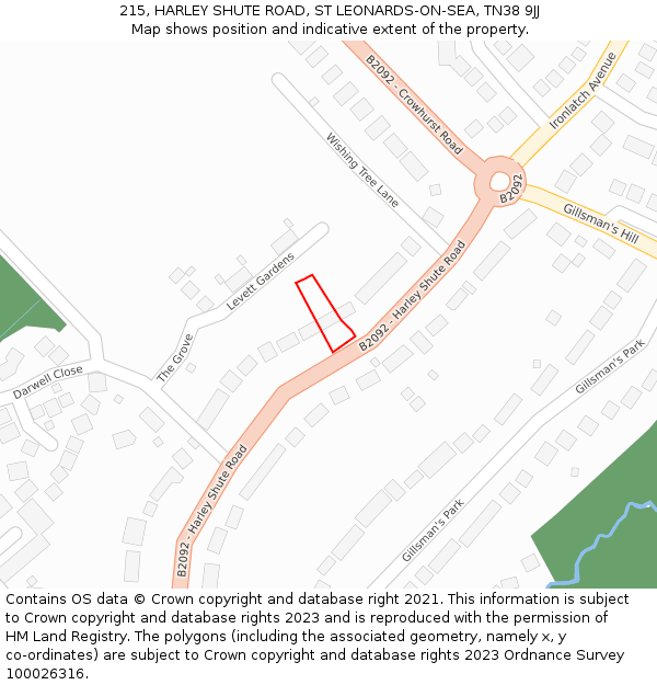 215, HARLEY SHUTE ROAD, ST LEONARDS-ON-SEA, TN38 9JJ: Location map and indicative extent of plot