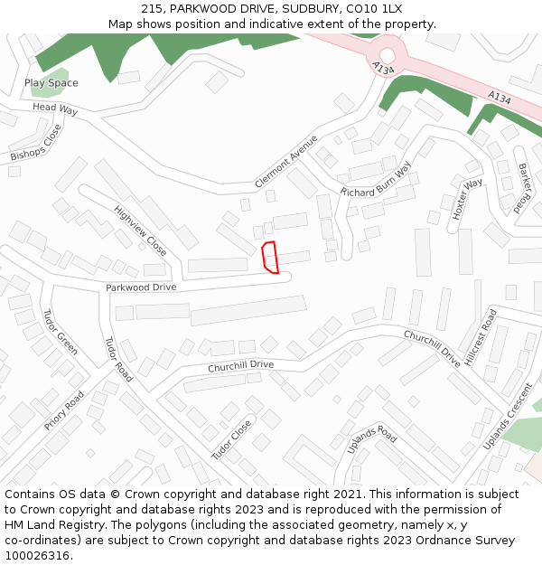 215, PARKWOOD DRIVE, SUDBURY, CO10 1LX: Location map and indicative extent of plot
