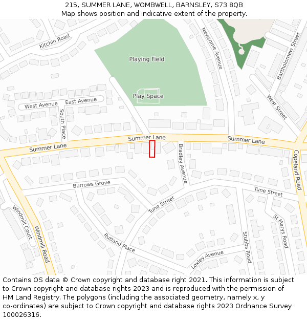 215, SUMMER LANE, WOMBWELL, BARNSLEY, S73 8QB: Location map and indicative extent of plot