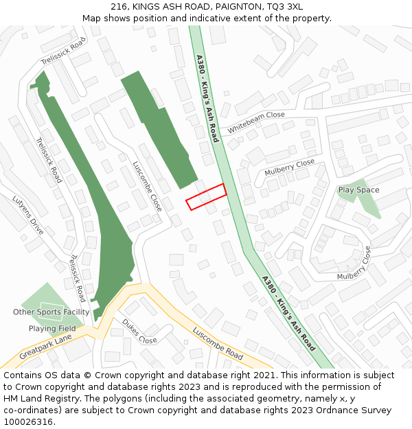 216, KINGS ASH ROAD, PAIGNTON, TQ3 3XL: Location map and indicative extent of plot