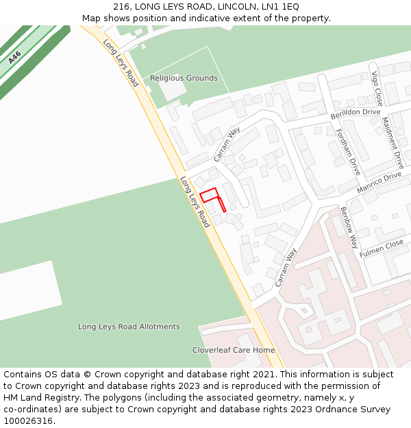 216, LONG LEYS ROAD, LINCOLN, LN1 1EQ: Location map and indicative extent of plot