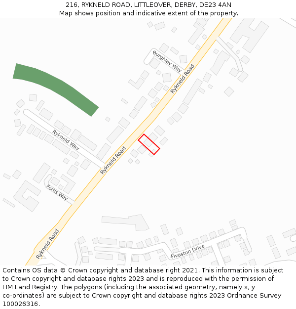 216, RYKNELD ROAD, LITTLEOVER, DERBY, DE23 4AN: Location map and indicative extent of plot