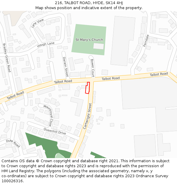 216, TALBOT ROAD, HYDE, SK14 4HJ: Location map and indicative extent of plot