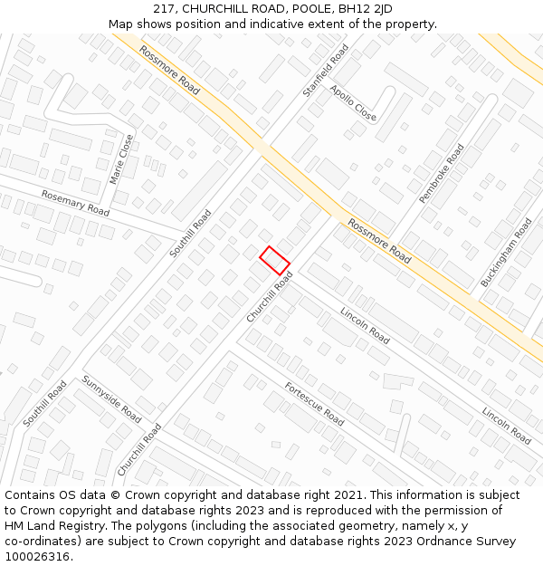 217, CHURCHILL ROAD, POOLE, BH12 2JD: Location map and indicative extent of plot