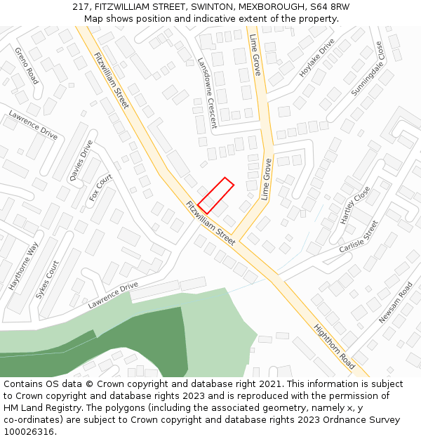 217, FITZWILLIAM STREET, SWINTON, MEXBOROUGH, S64 8RW: Location map and indicative extent of plot