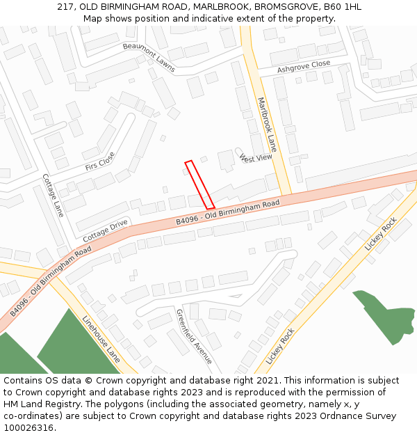 217, OLD BIRMINGHAM ROAD, MARLBROOK, BROMSGROVE, B60 1HL: Location map and indicative extent of plot