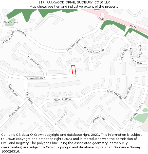 217, PARKWOOD DRIVE, SUDBURY, CO10 1LX: Location map and indicative extent of plot