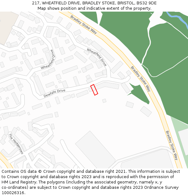 217, WHEATFIELD DRIVE, BRADLEY STOKE, BRISTOL, BS32 9DE: Location map and indicative extent of plot