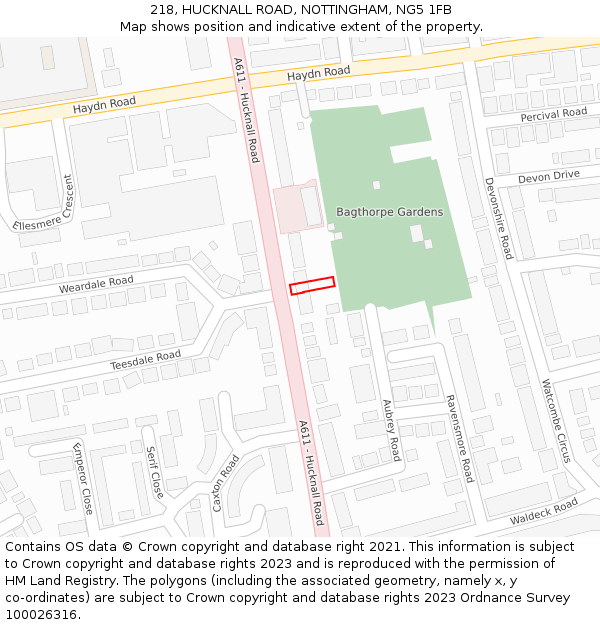 218, HUCKNALL ROAD, NOTTINGHAM, NG5 1FB: Location map and indicative extent of plot