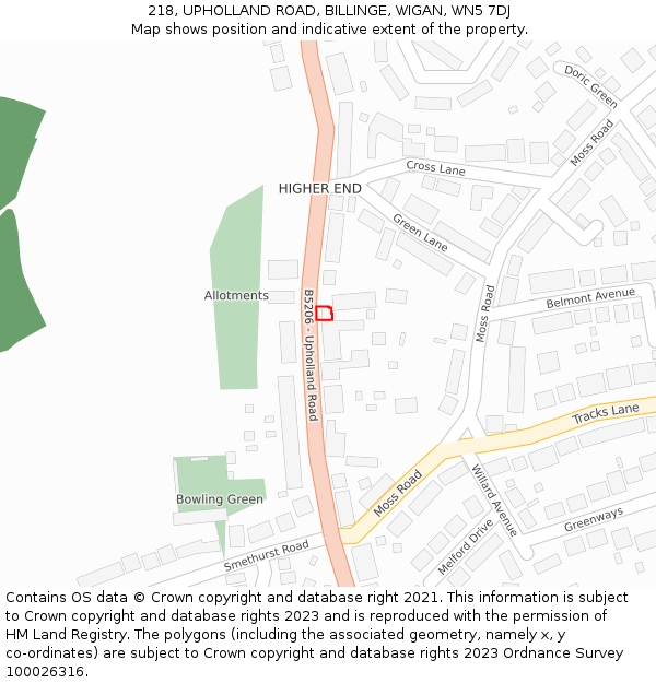 218, UPHOLLAND ROAD, BILLINGE, WIGAN, WN5 7DJ: Location map and indicative extent of plot