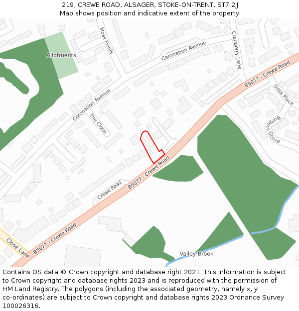 219, CREWE ROAD, ALSAGER, STOKE-ON-TRENT, ST7 2JJ: Location map and indicative extent of plot