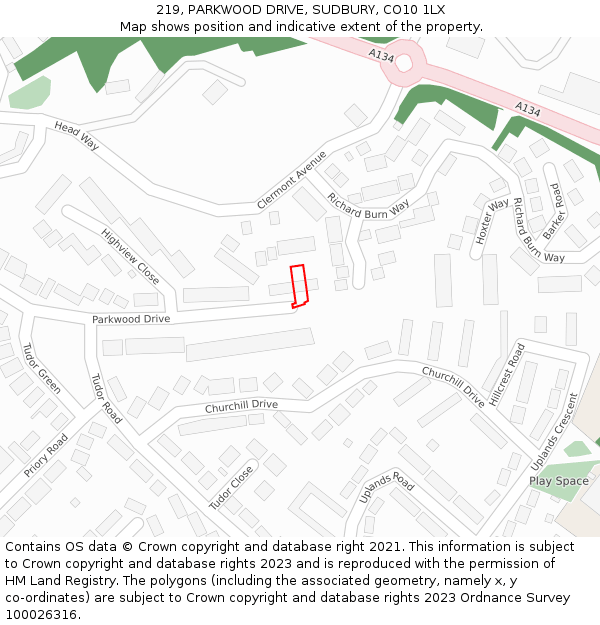 219, PARKWOOD DRIVE, SUDBURY, CO10 1LX: Location map and indicative extent of plot