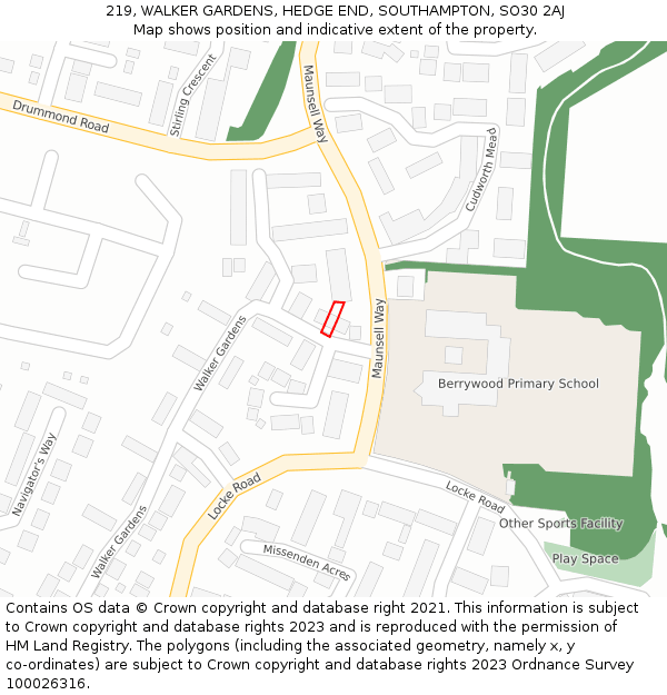 219, WALKER GARDENS, HEDGE END, SOUTHAMPTON, SO30 2AJ: Location map and indicative extent of plot