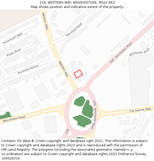 219, WESTERN WAY, BASINGSTOKE, RG22 6EZ: Location map and indicative extent of plot