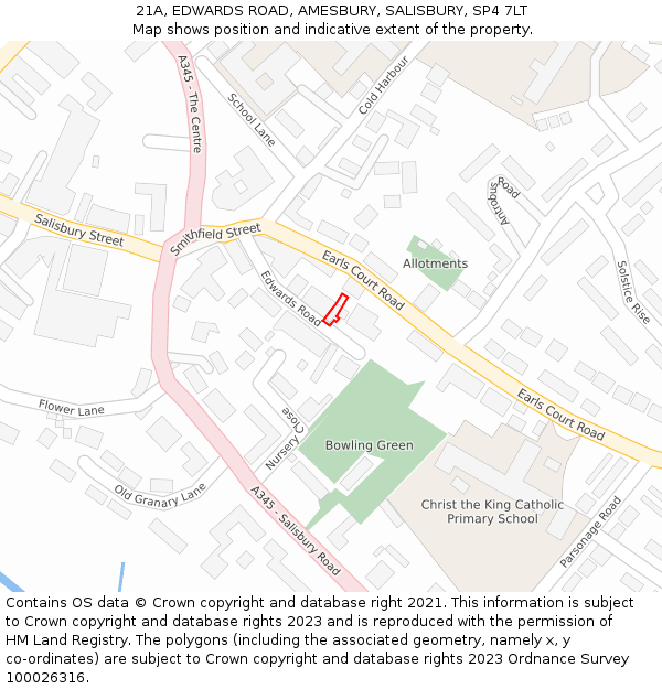 21A, EDWARDS ROAD, AMESBURY, SALISBURY, SP4 7LT: Location map and indicative extent of plot