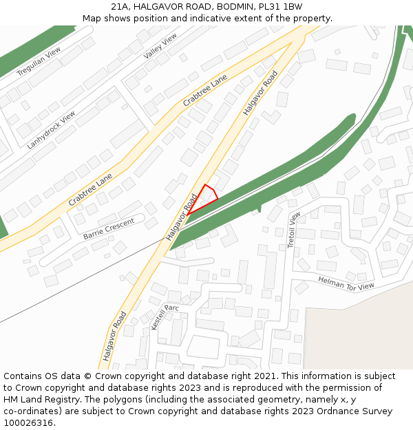21A, HALGAVOR ROAD, BODMIN, PL31 1BW: Location map and indicative extent of plot