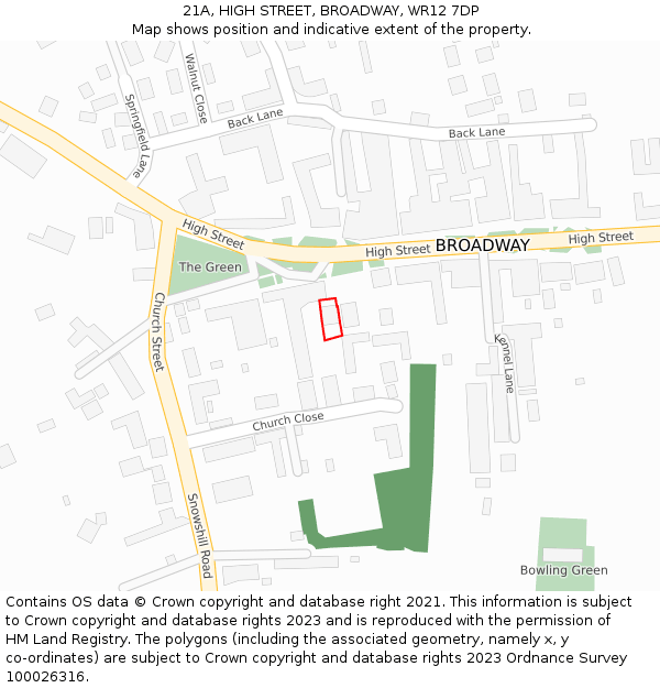 21A, HIGH STREET, BROADWAY, WR12 7DP: Location map and indicative extent of plot