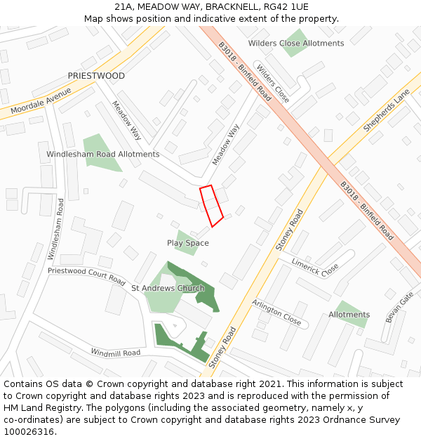 21A, MEADOW WAY, BRACKNELL, RG42 1UE: Location map and indicative extent of plot