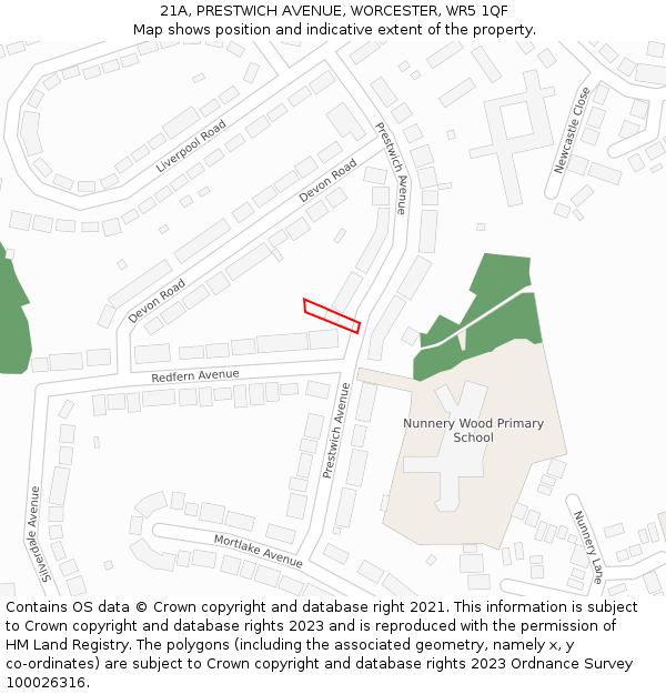 21A, PRESTWICH AVENUE, WORCESTER, WR5 1QF: Location map and indicative extent of plot