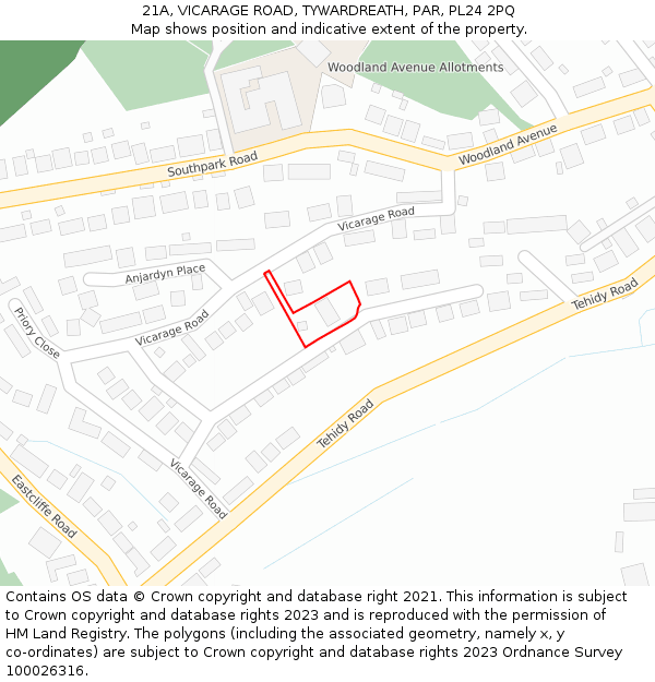 21A, VICARAGE ROAD, TYWARDREATH, PAR, PL24 2PQ: Location map and indicative extent of plot