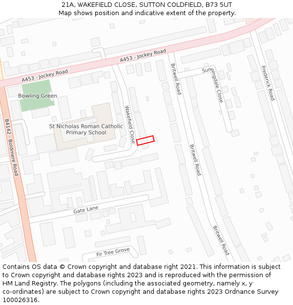 21A, WAKEFIELD CLOSE, SUTTON COLDFIELD, B73 5UT: Location map and indicative extent of plot