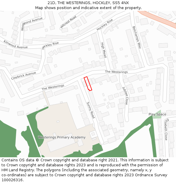 21D, THE WESTERINGS, HOCKLEY, SS5 4NX: Location map and indicative extent of plot