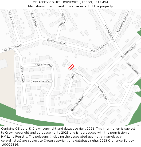 22, ABBEY COURT, HORSFORTH, LEEDS, LS18 4SA: Location map and indicative extent of plot