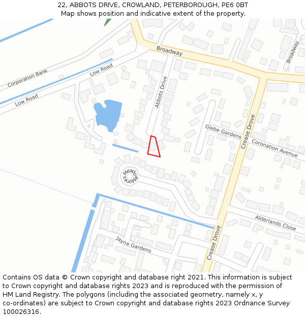 22, ABBOTS DRIVE, CROWLAND, PETERBOROUGH, PE6 0BT: Location map and indicative extent of plot