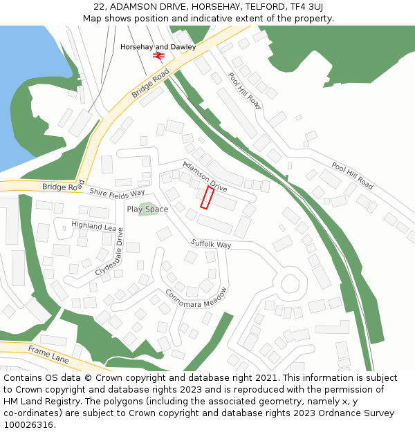 22, ADAMSON DRIVE, HORSEHAY, TELFORD, TF4 3UJ: Location map and indicative extent of plot