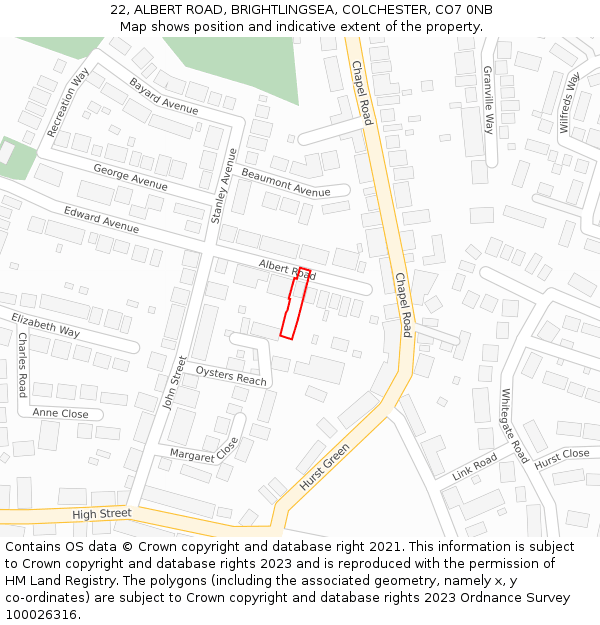 22, ALBERT ROAD, BRIGHTLINGSEA, COLCHESTER, CO7 0NB: Location map and indicative extent of plot