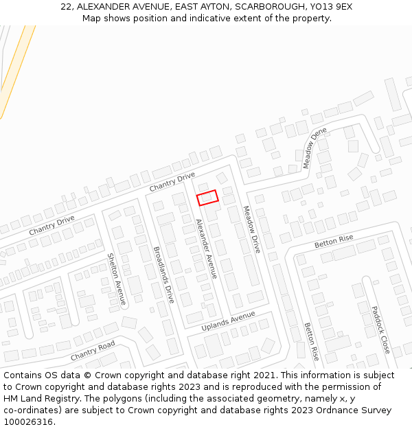 22, ALEXANDER AVENUE, EAST AYTON, SCARBOROUGH, YO13 9EX: Location map and indicative extent of plot