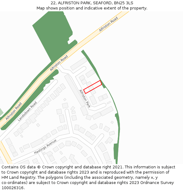 22, ALFRISTON PARK, SEAFORD, BN25 3LS: Location map and indicative extent of plot