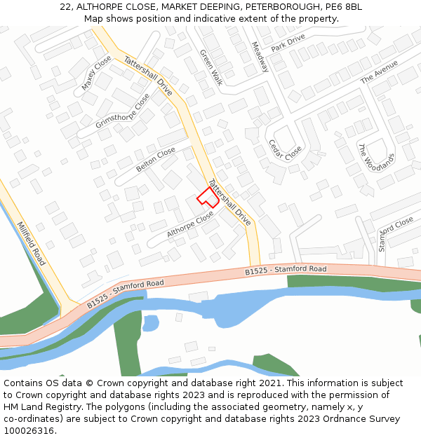 22, ALTHORPE CLOSE, MARKET DEEPING, PETERBOROUGH, PE6 8BL: Location map and indicative extent of plot