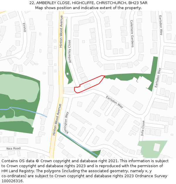22, AMBERLEY CLOSE, HIGHCLIFFE, CHRISTCHURCH, BH23 5AR: Location map and indicative extent of plot