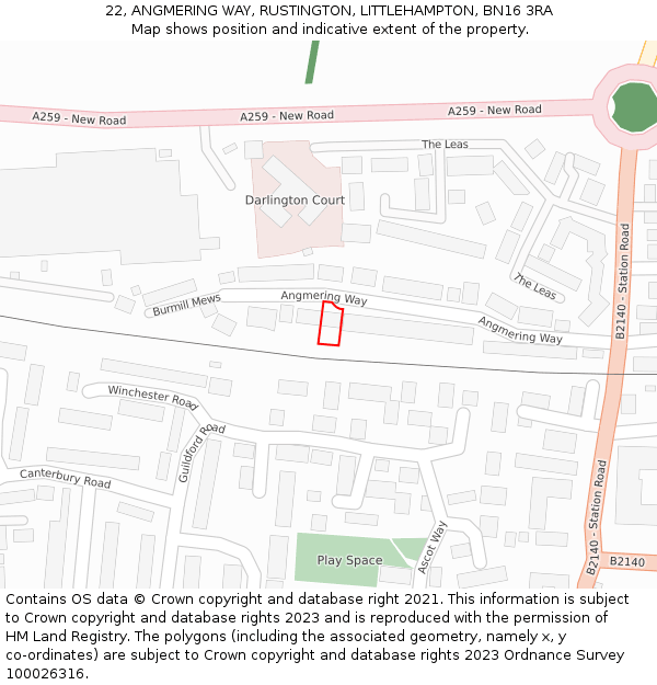 22, ANGMERING WAY, RUSTINGTON, LITTLEHAMPTON, BN16 3RA: Location map and indicative extent of plot