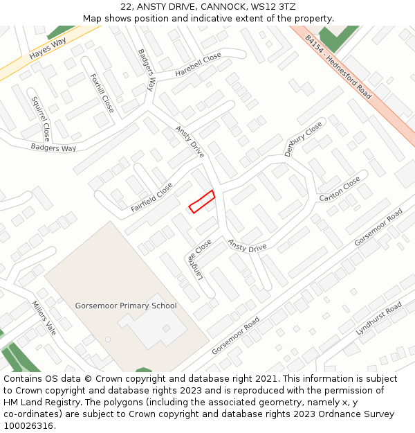 22, ANSTY DRIVE, CANNOCK, WS12 3TZ: Location map and indicative extent of plot