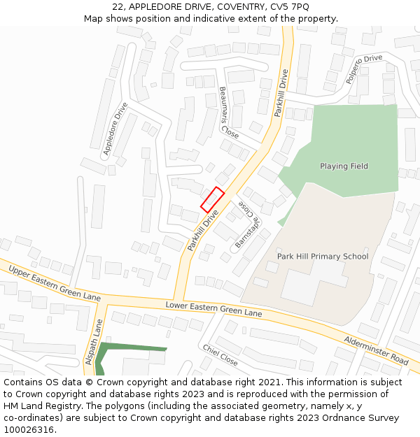 22, APPLEDORE DRIVE, COVENTRY, CV5 7PQ: Location map and indicative extent of plot