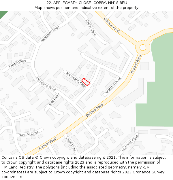 22, APPLEGARTH CLOSE, CORBY, NN18 8EU: Location map and indicative extent of plot