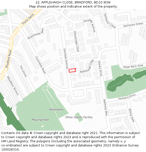 22, APPLEHAIGH CLOSE, BRADFORD, BD10 9DW: Location map and indicative extent of plot