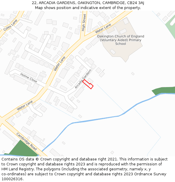 22, ARCADIA GARDENS, OAKINGTON, CAMBRIDGE, CB24 3AJ: Location map and indicative extent of plot